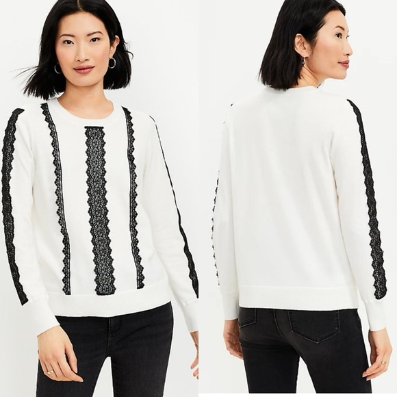 120 LOFT | NWOT White Pullover Sweater with Black Lace Trim (Size M) - Picture 1 of 7
